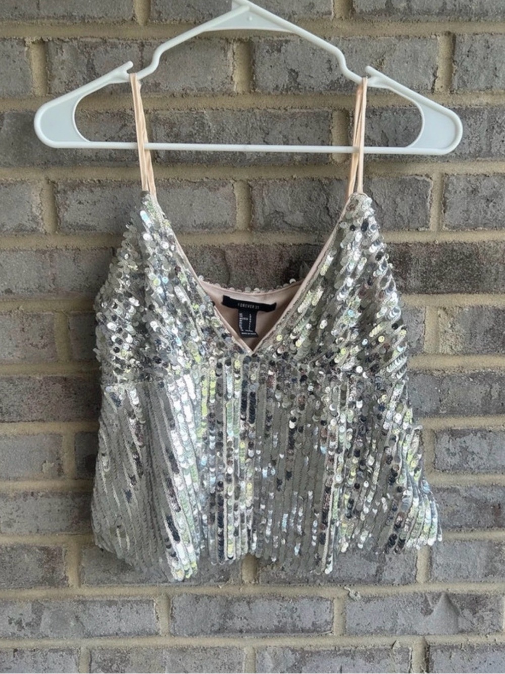Forever 21 Silver Sequin Spaghetti-Strap Crop Cami